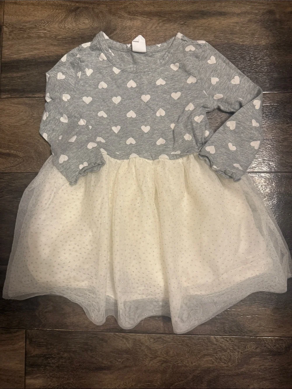 GAP Gray Heart Print Long-Sleeve Dress with Cream Tulle Skirt